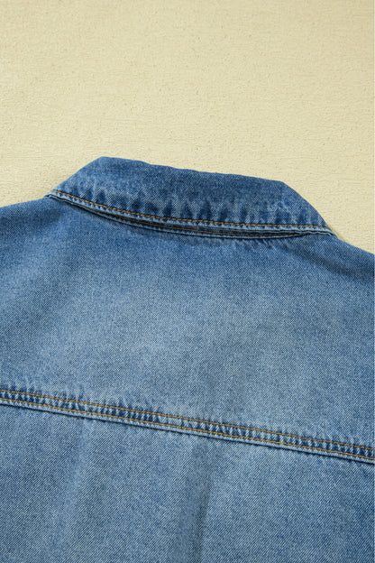 Ruffle Trim Raw Hem Half Sleeve Cropped Denim Jacket