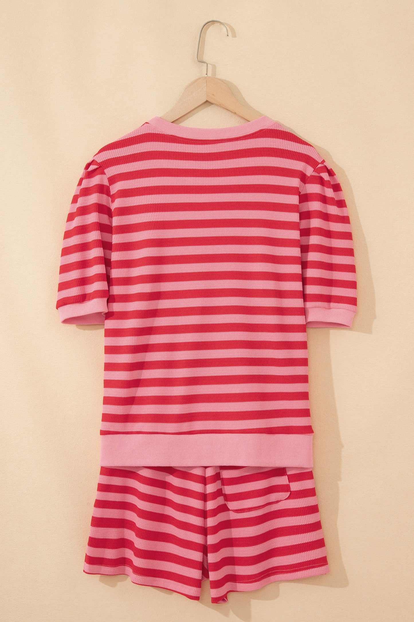 Green Stripe Puff Sleeve Lounge Set Drawstring Shorts