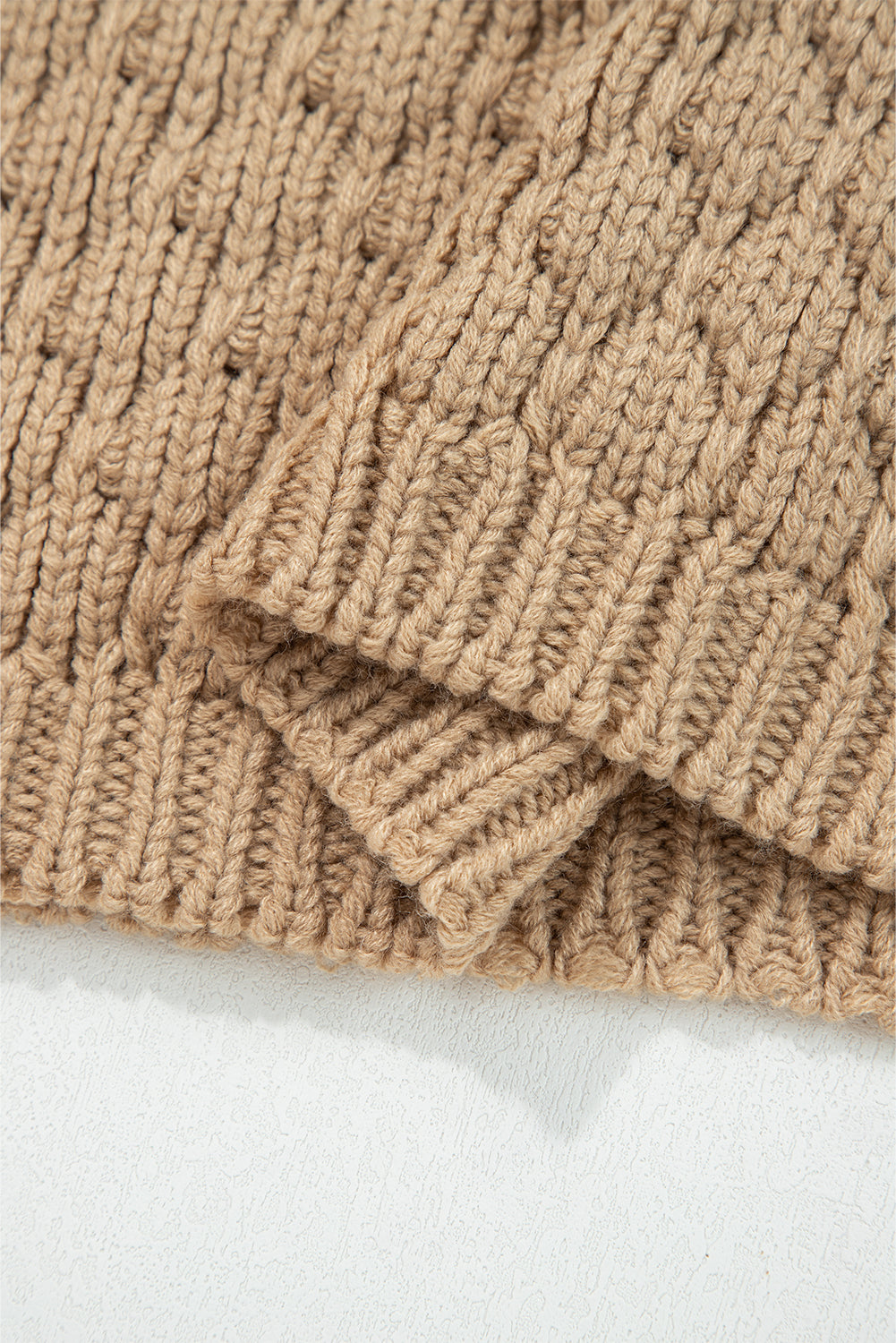 Khaki Textured Knit Sweater Puff Sleeve Loose Fit Pullover