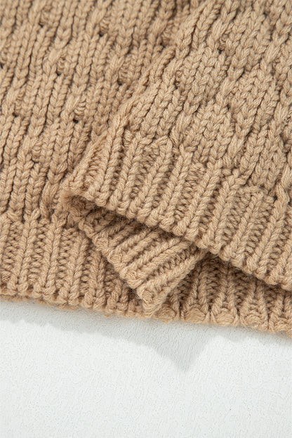 Khaki Textured Knit Sweater Puff Sleeve Loose Fit Pullover