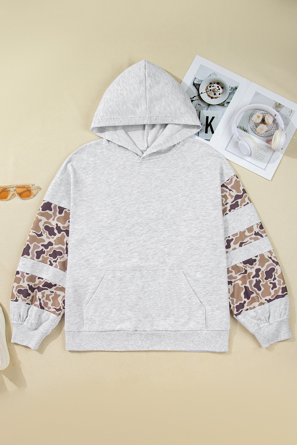 Light Gray Camo Patchwork Hoodie with Asymmetric Sleeves