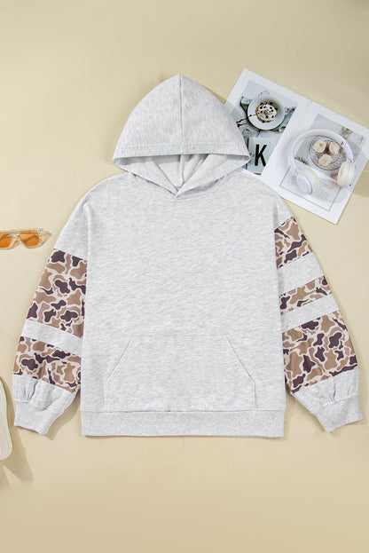 Light Gray Camo Patchwork Hoodie with Asymmetric Sleeves