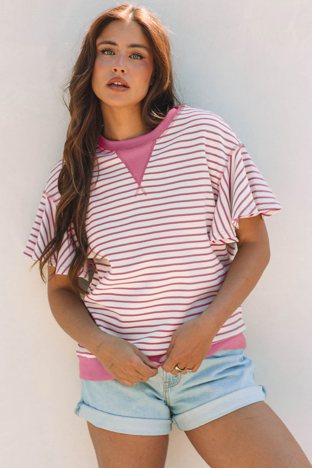 Green Striped Ruffle Sleeve Contrast Casual Top