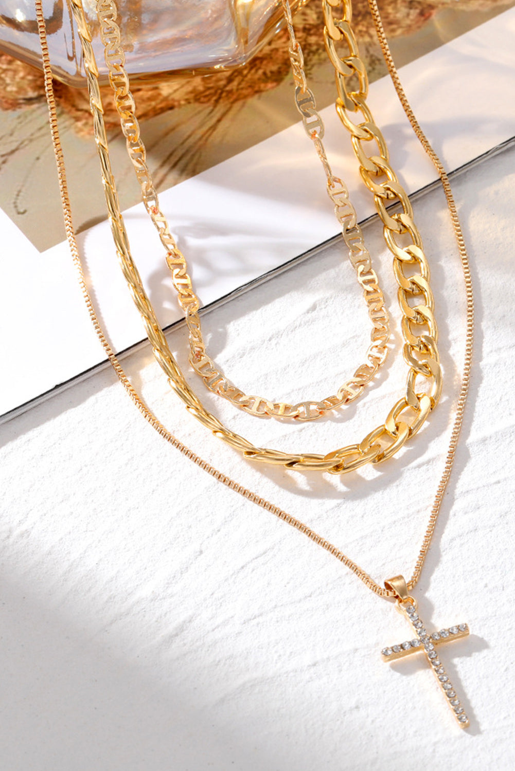 Silver Cross Pendant Layered Chain Necklace Set