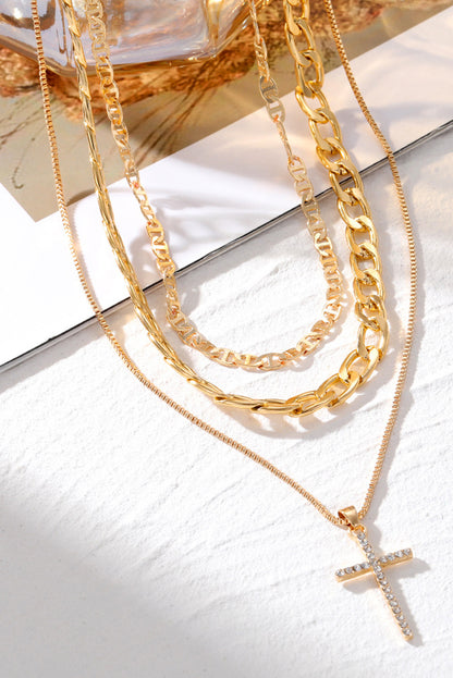 Silver Cross Pendant Layered Chain Necklace Set