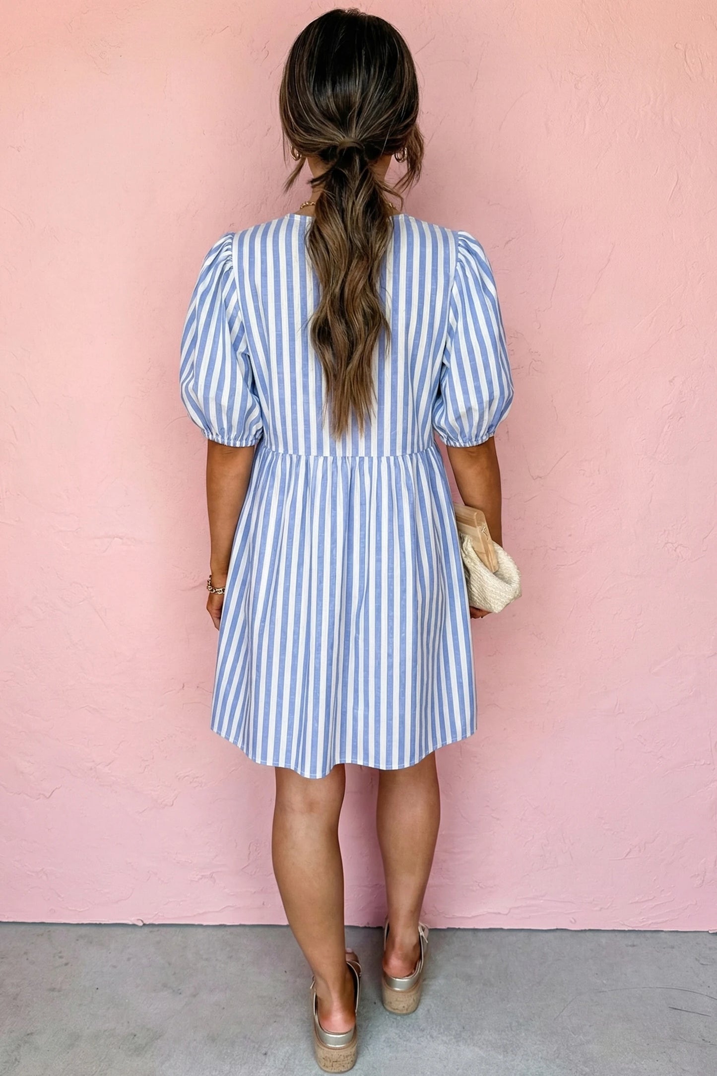 Striped Puff Sleeve Babydoll Dress Loose Summer Mini