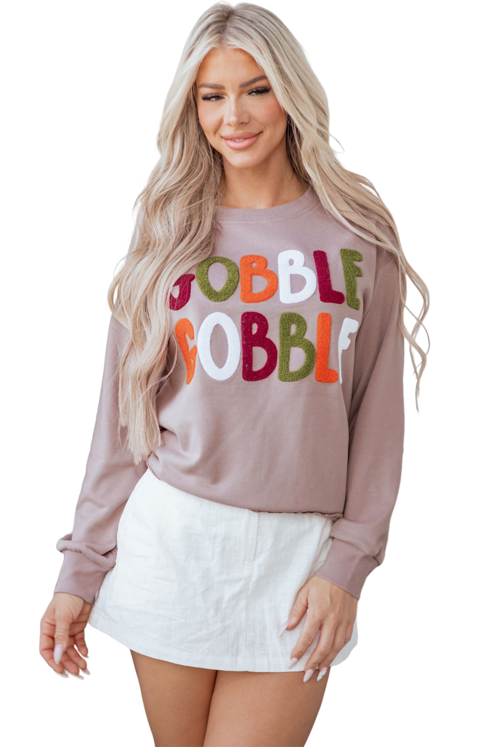 Khaki Gobble Gobble Chenille Letter Thanksgiving Sweatshirt