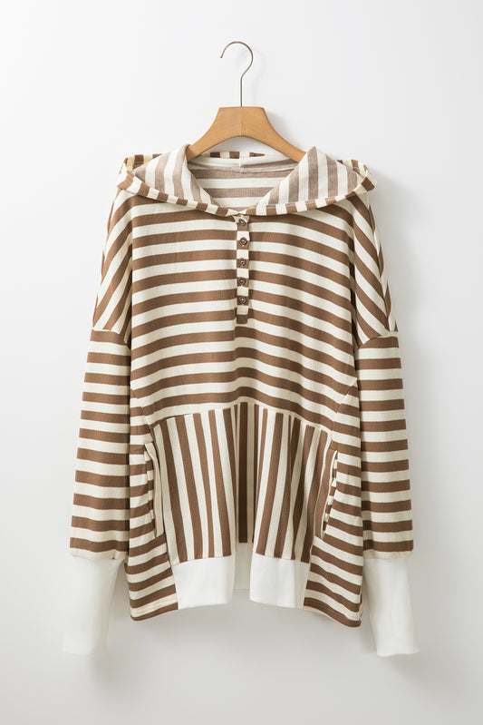 Brown Stripe Quarter Buttons Drop Sleeve Plus Size Hoodie