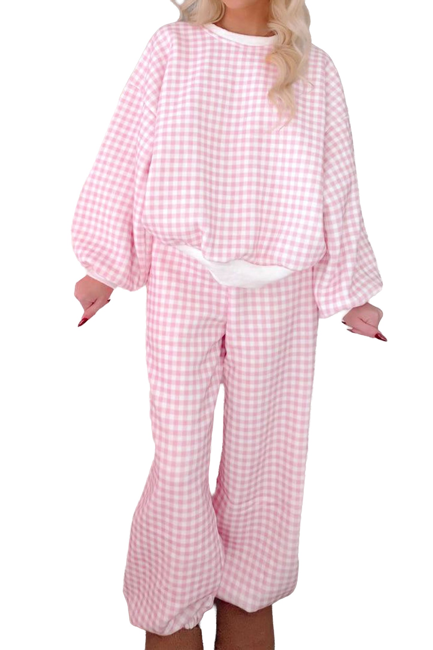 Plaid Polyester Pant Set Casual Wide Leg