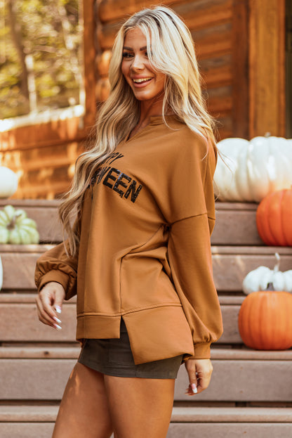 Sequin Happy Halloween Graphic Notched Neck Top