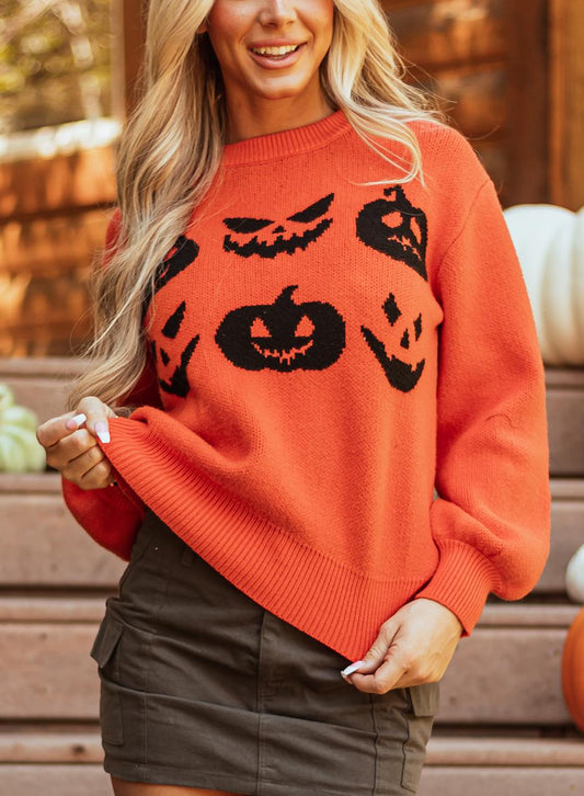 Orange Halloween Pumpkin Face Pattern Drop Shoulder Sweater