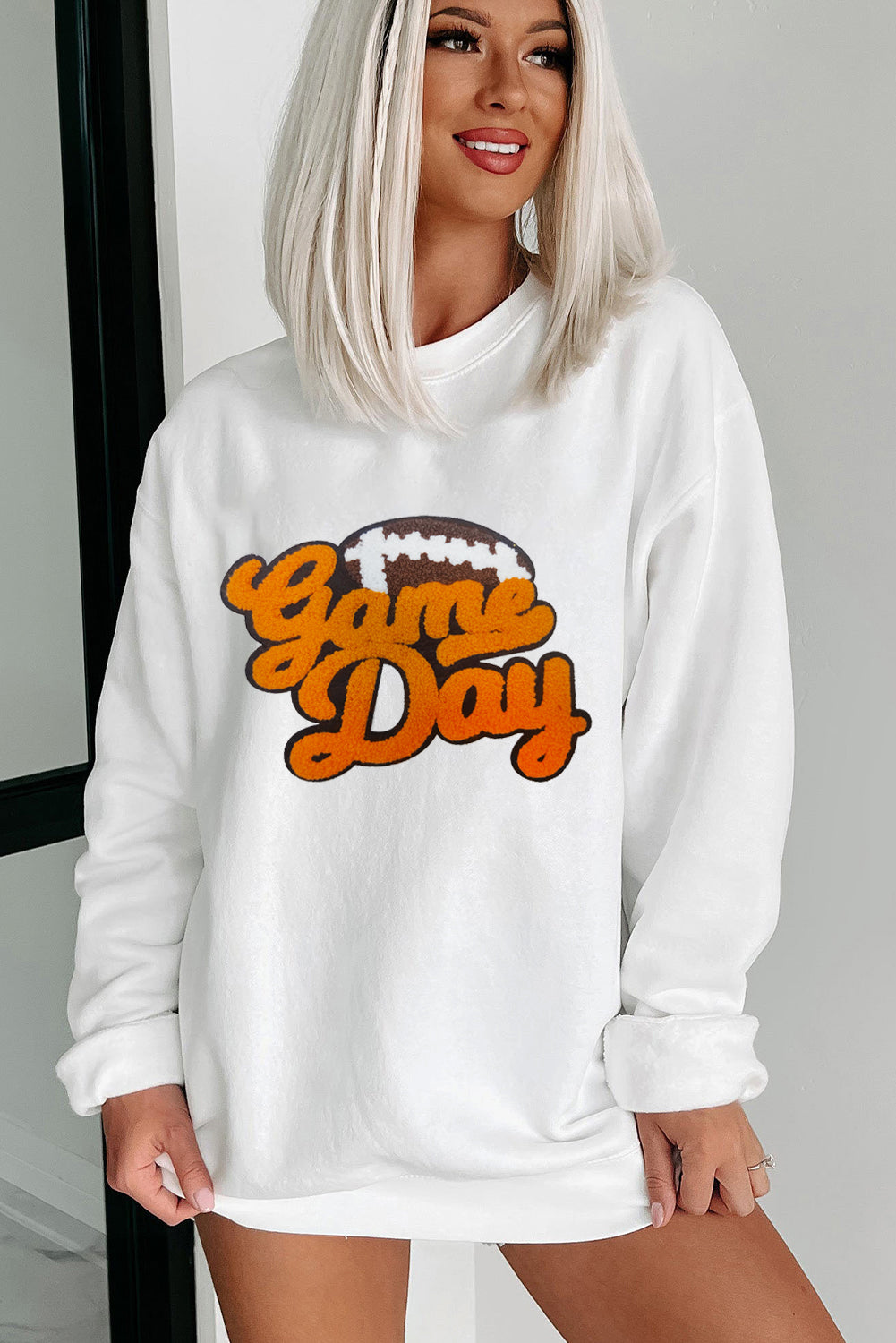 White Chenille Game Day Football Pullover Sweatshirt Women