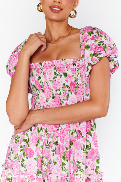 Easter Pink Floral Square Neck Puff Sleeve Maxi Dress