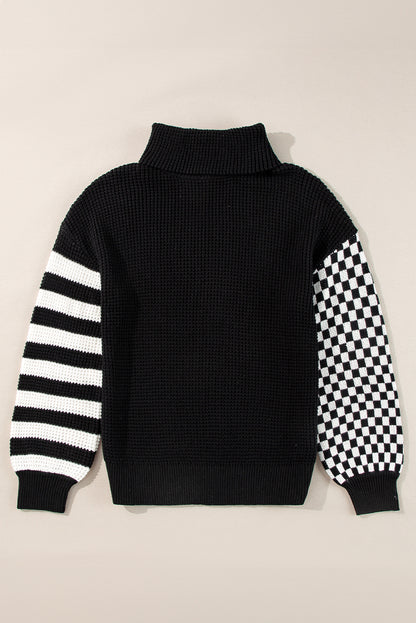 Black Striped Plaid Patchwork Waffle Knit Turtleneck Sweater