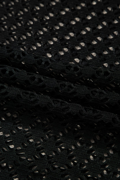 Black Sheer Knit Ruffle Hem Crochet Beach Cover Up