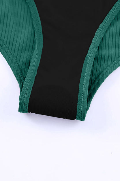 Ribbed V Neck One Piece Swimsuit Adjustable Straps