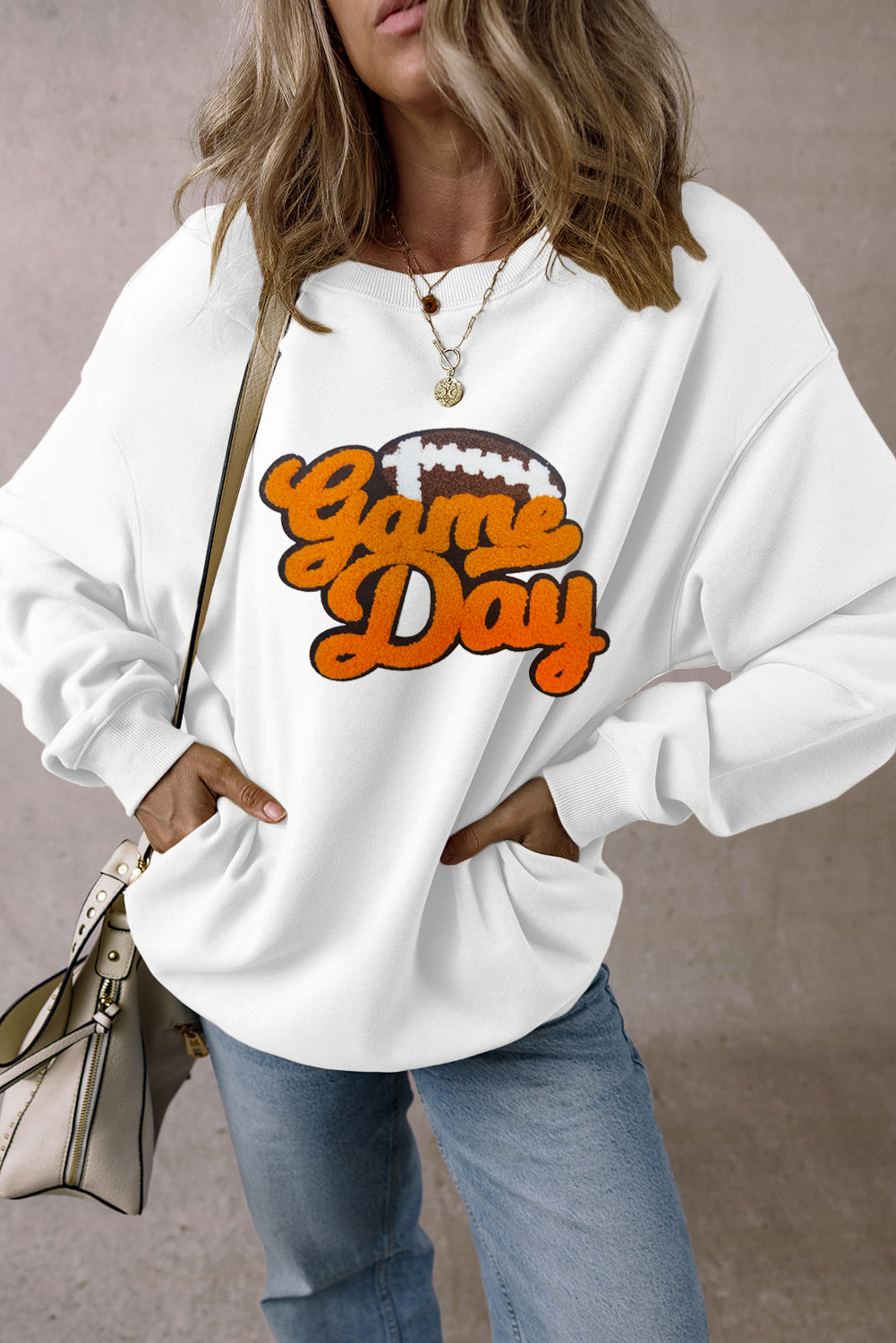 White Chenille Game Day Football Pullover Sweatshirt Women