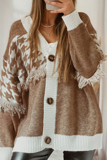 Khaki Houndstooth Fringe Trim V Neck Button Front Knit Cardigan
