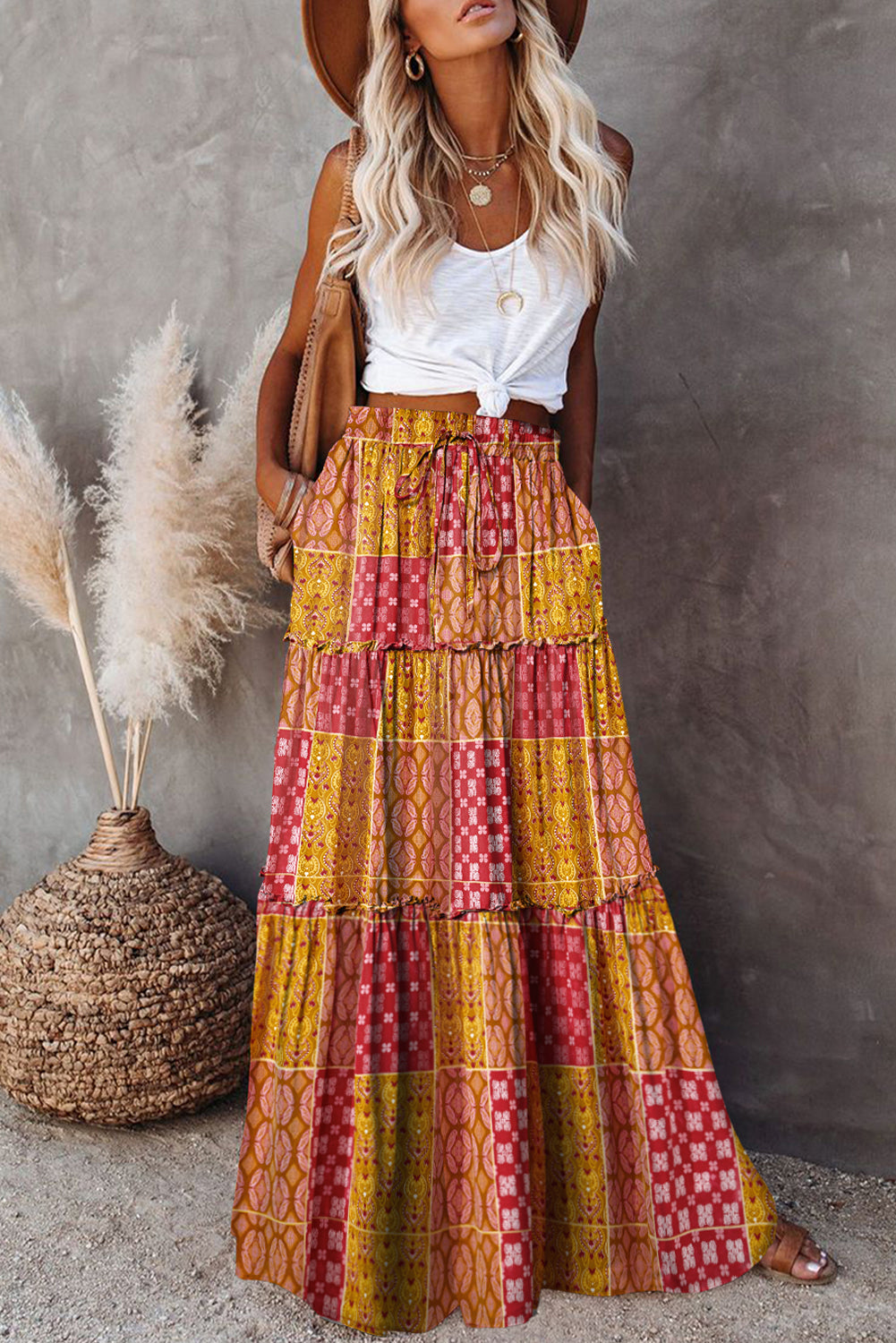 Paisley Print Tiered Maxi Skirt with Pockets
