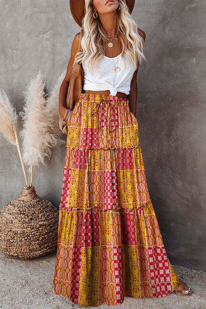 Paisley Print Tiered Maxi Skirt with Pockets