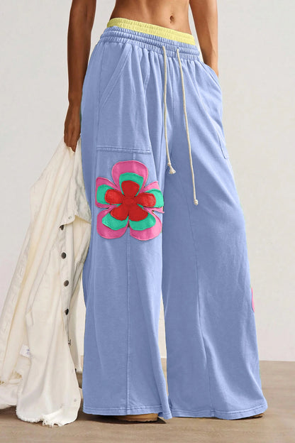 Color Block Floral Patch Wide Leg Pants Drawstring Waist