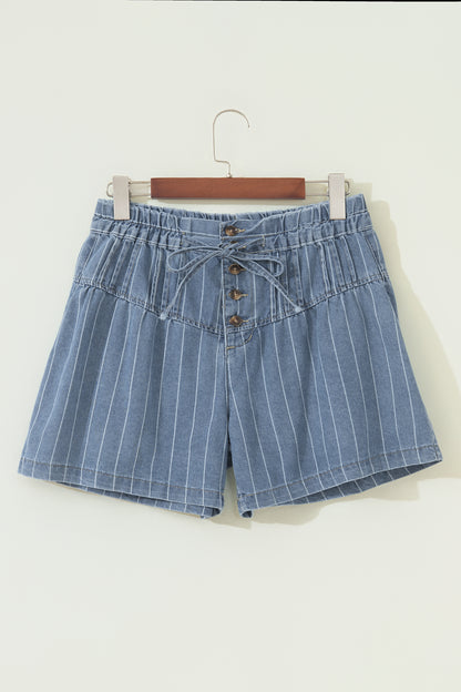 Sky Blue Stripe High Waist Button Denim Shorts Drawstring