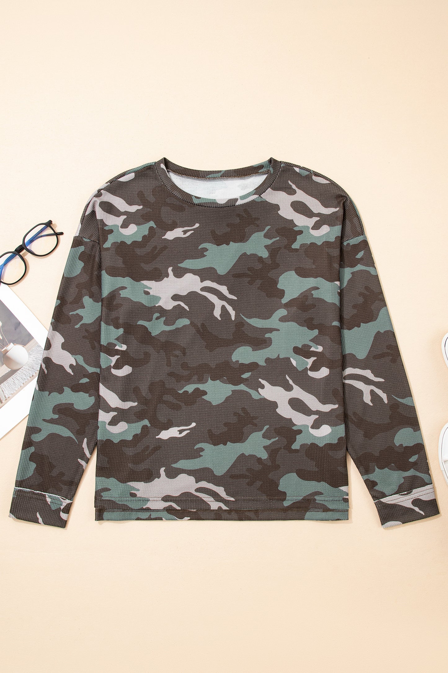 Green Camo Textured Drop Shoulder Long Sleeve Top