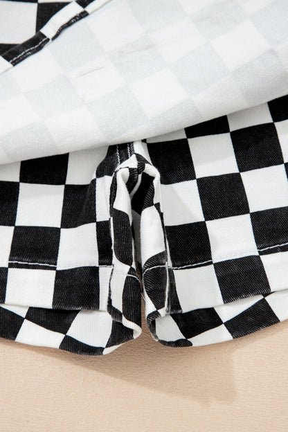 Checkered Print Overlap Denim Skort Mini Shorts
