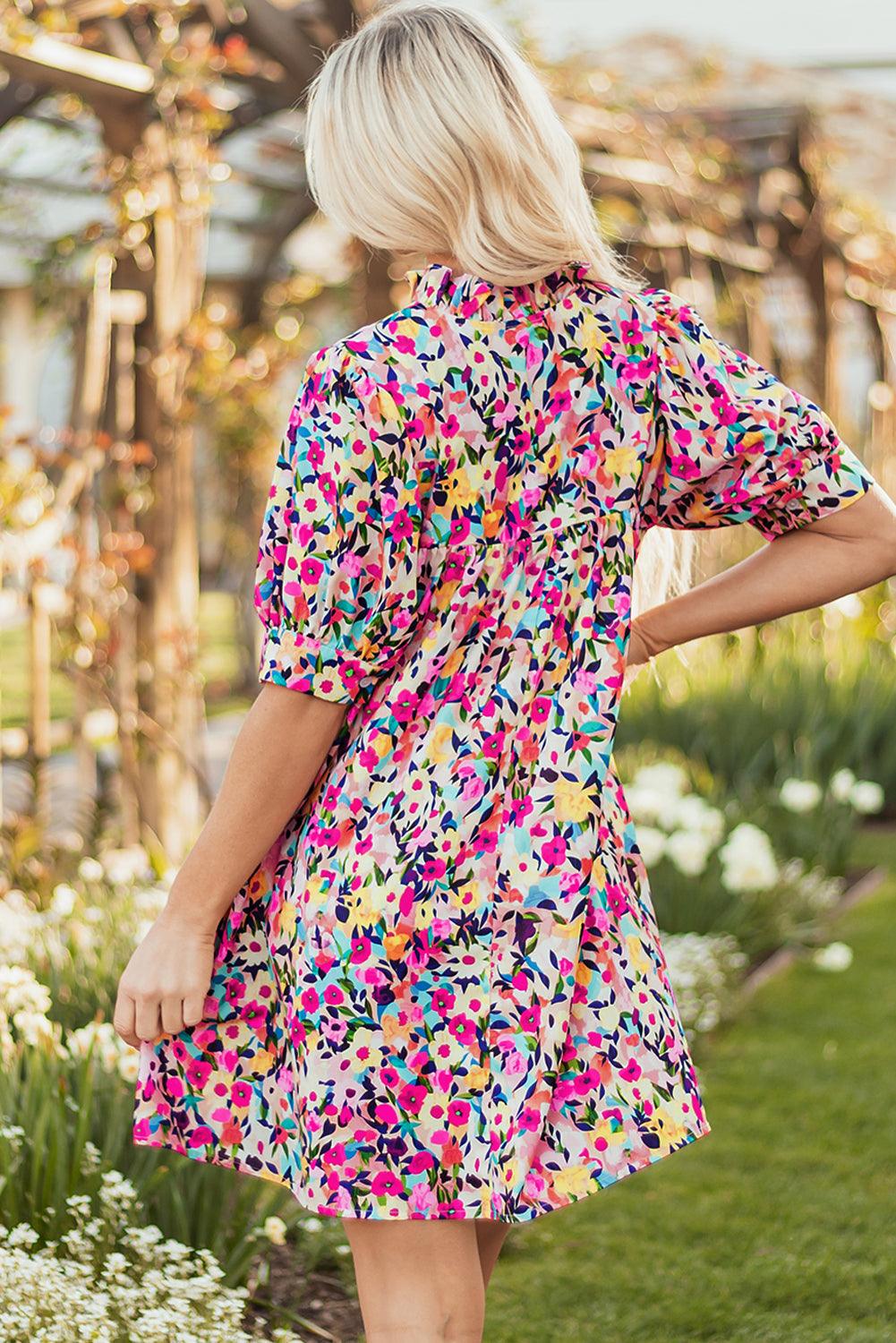 Pink Floral Puff Sleeve V Neck Mini Dress