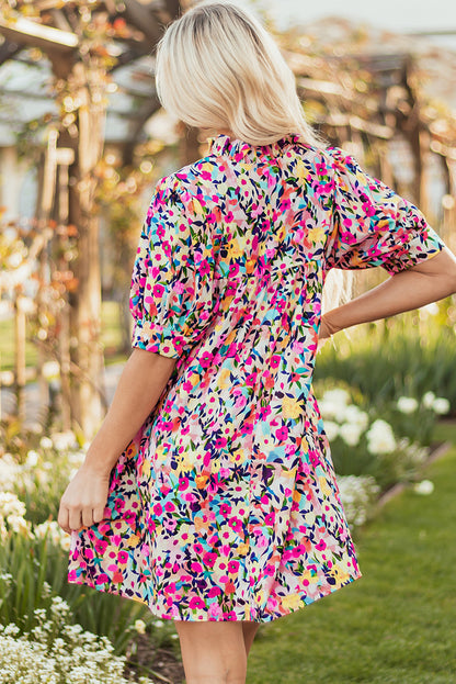 Pink Floral Puff Sleeve V Neck Mini Dress