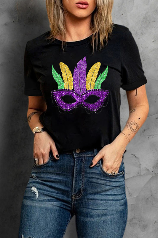 Black Glitter Mardi Gras Mask Feather Graphic Tee