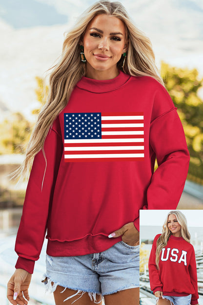 4th of July American Flag Oversized Mock Neck Sweatshirt