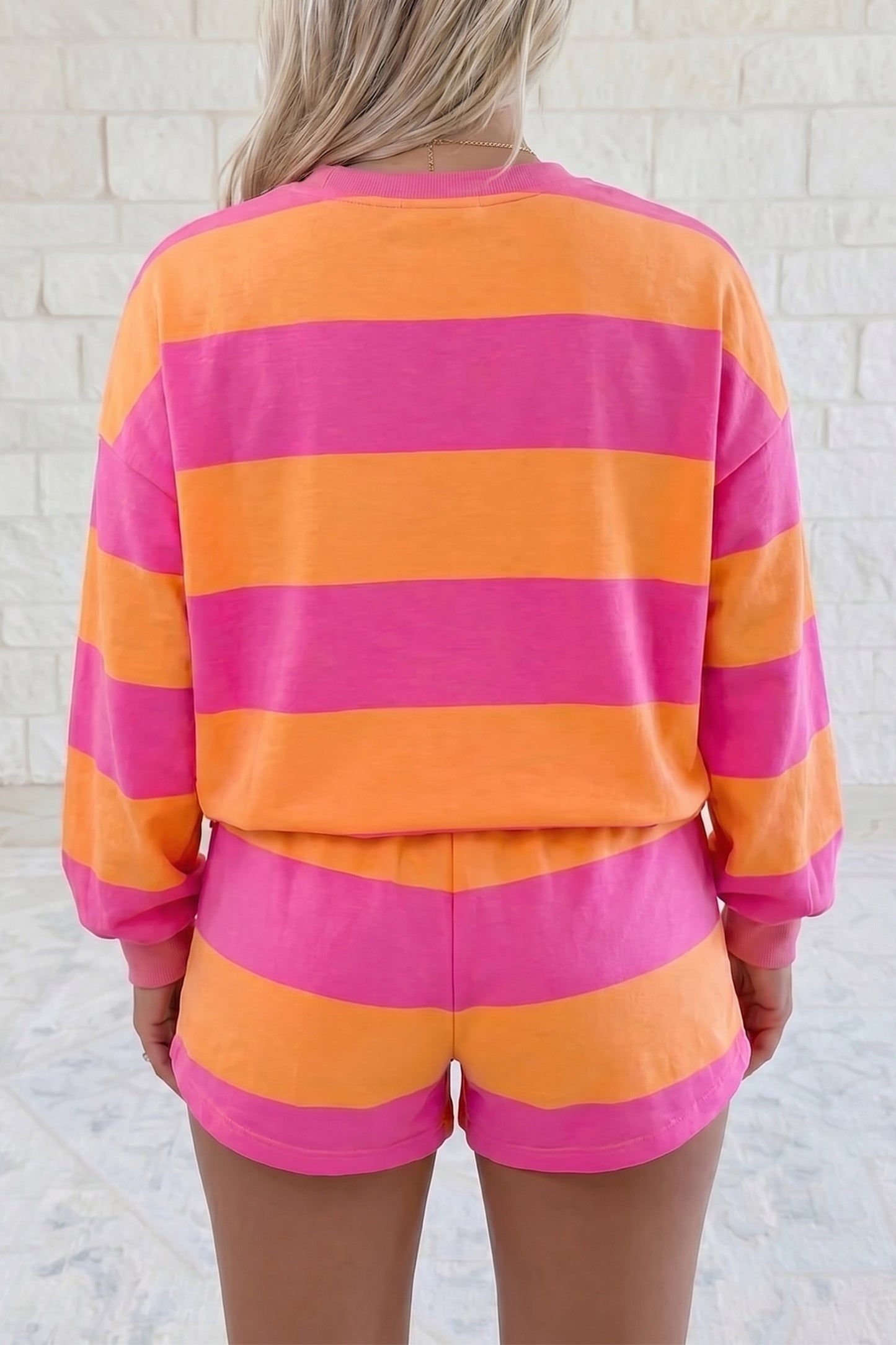 Pink Orange Stripe Lounge Set 2pc Shorts Set Sweatshirt