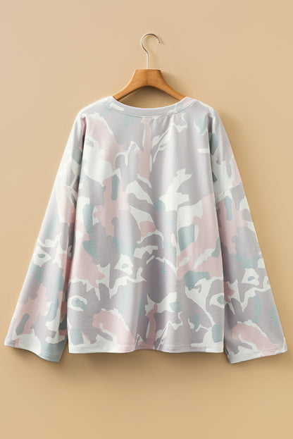 Plus Size Pink Green Camo Drop Shoulder Loose Pullover Top
