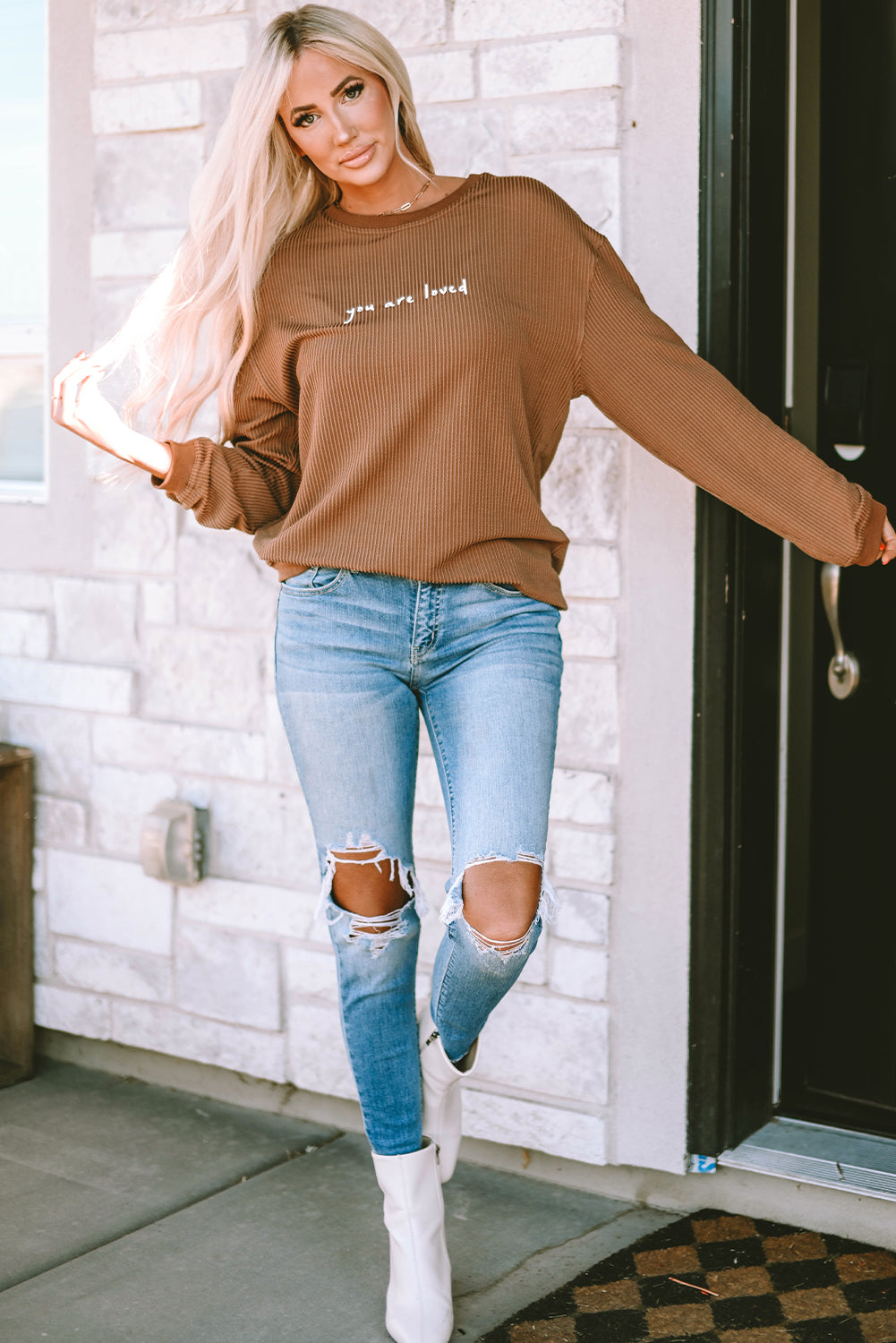 Khaki You Are Loved Print Corduroy Sweatshirt