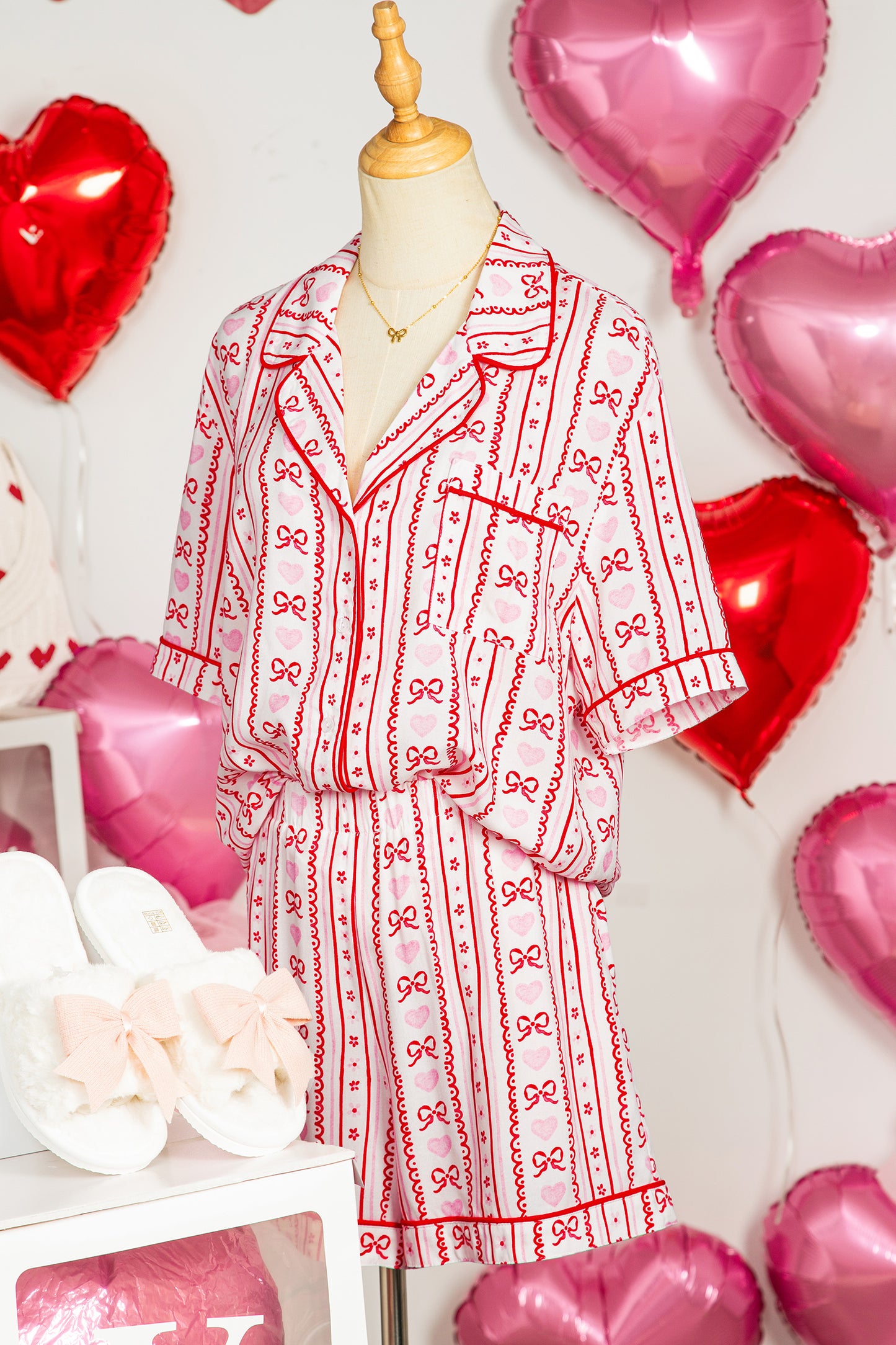 Valentines Heart Bow Print Ribbon Trim 2 Piece Pajama Set