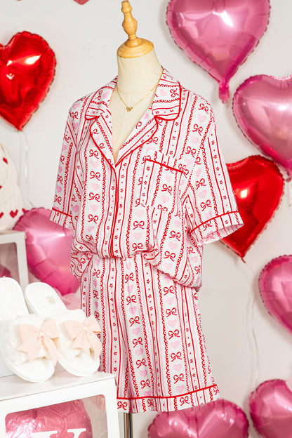 Valentines Heart Bow Print Ribbon Trim 2 Piece Pajama Set