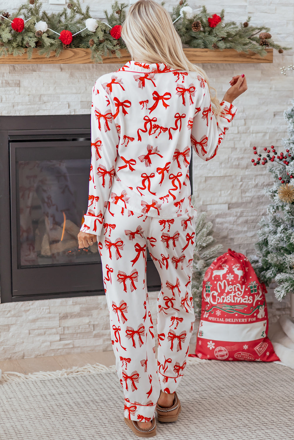 Red Christmas Bow Print Long Sleeve 2pcs Pajama Set