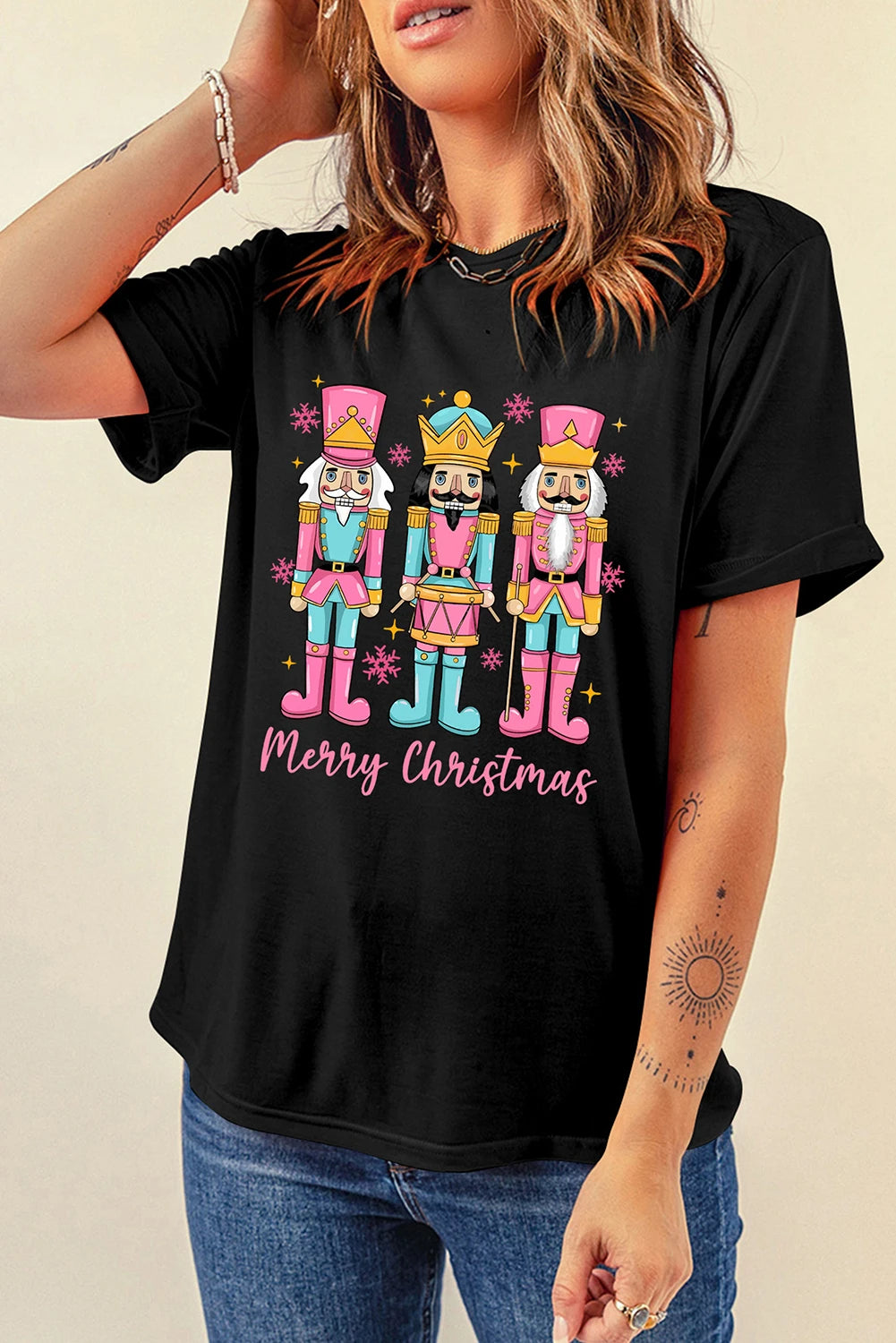 Black Merry Christmas Doll Printed T Shirt