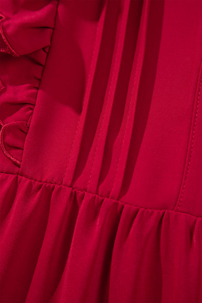 Red Ruffle V-Neck Long Sleeve Tiered Midi Dress