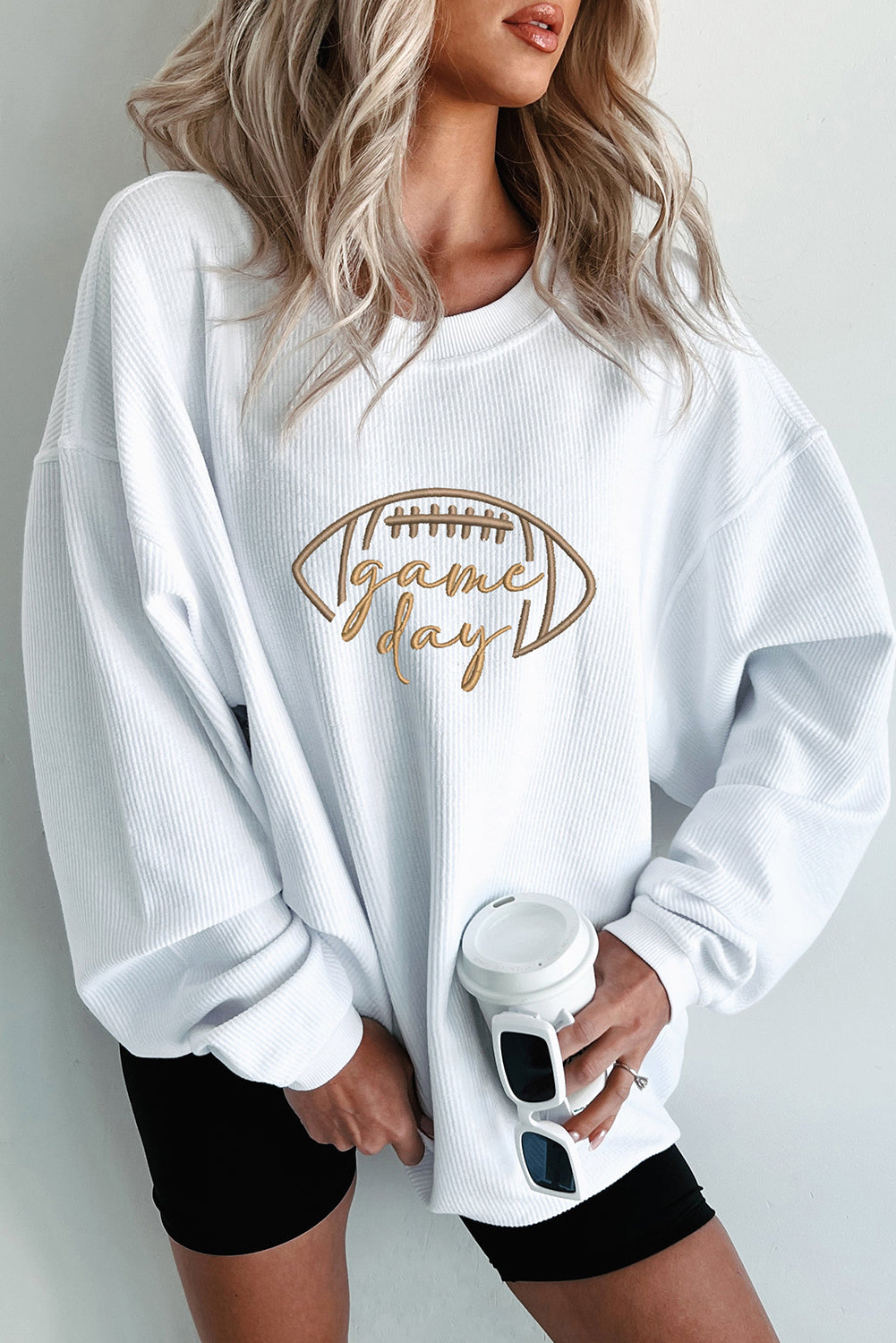 Game Day Oversized Ribbed Sweatshirt with Embroidery