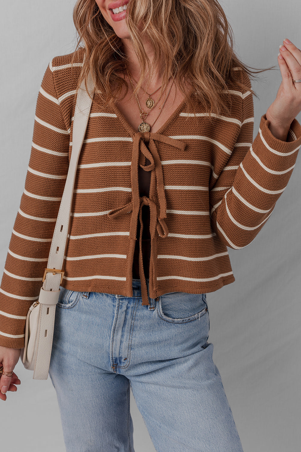 Chestnut Striped Knit Tie Front V Neck Cardigan Sweater