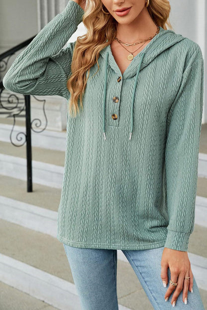 Mint Green Button Front Textured Drawstring Hooded Long Sleeve Top