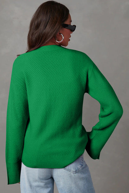 Green Textured Knit Drop Shoulder Split Cuff Oversized Sweater