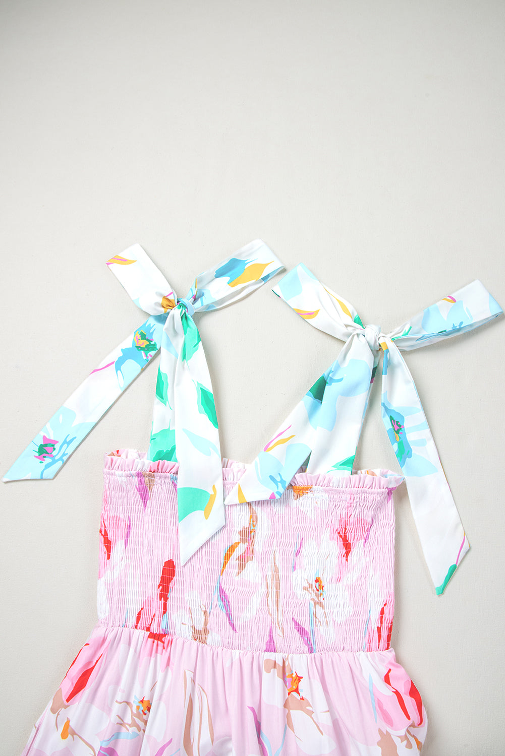 Pink Floral Smocked Maxi Dress Tie Shoulder Flowy