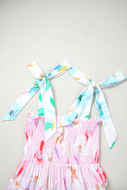 Pink Floral Smocked Maxi Dress Tie Shoulder Flowy