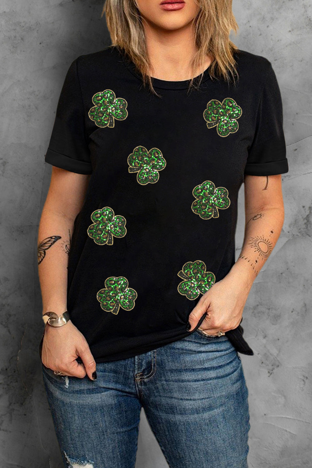 Black Sequin Clover Patch St Patrick's Day Tee