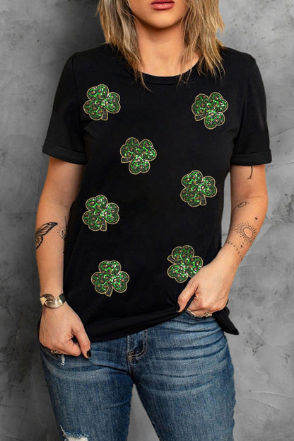 Black Sequin Clover Patch St Patrick's Day Tee