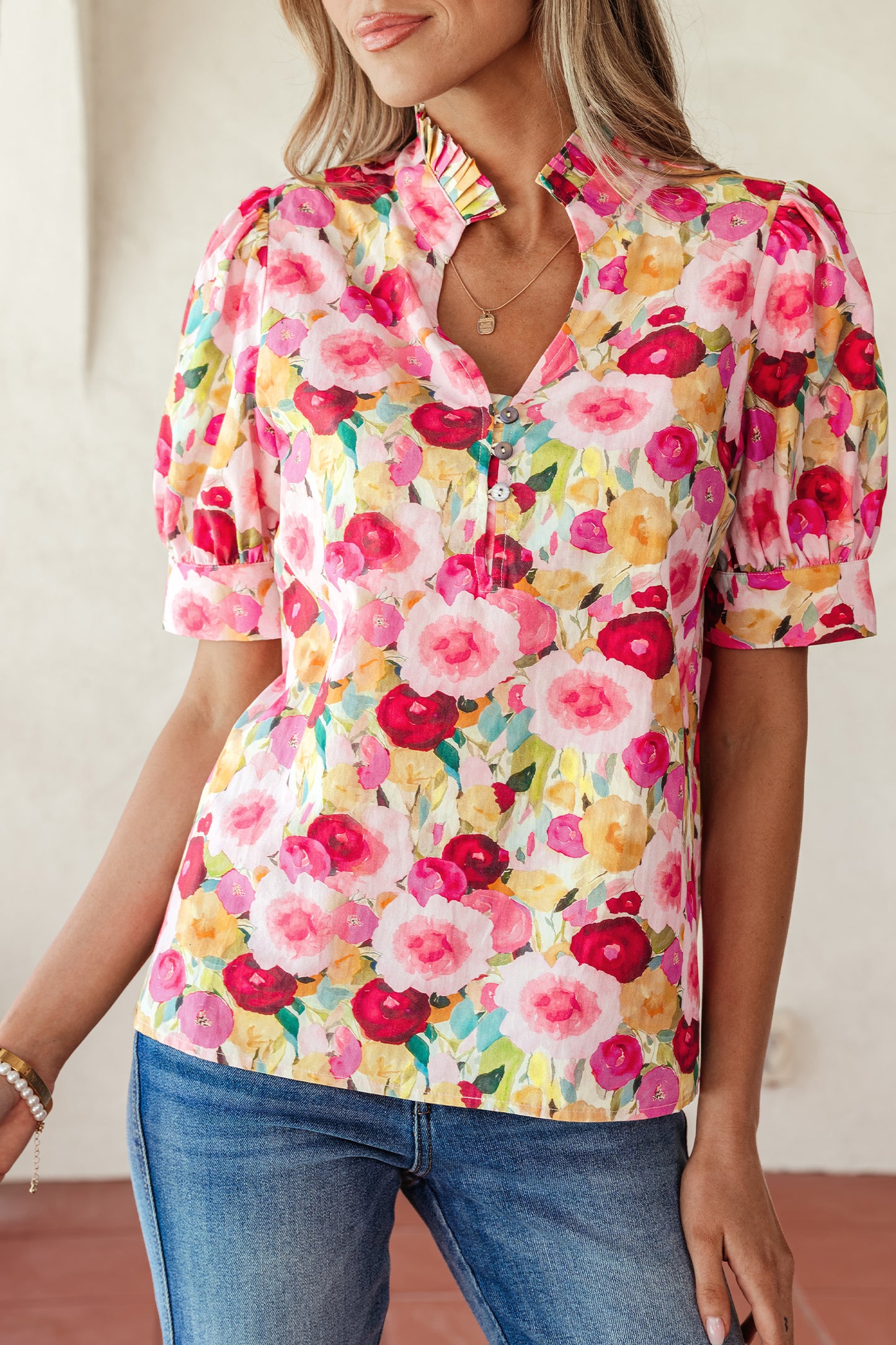 Pink Floral V Neck Puff Sleeve Blouse
