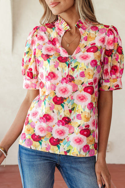 Pink Floral V Neck Puff Sleeve Blouse